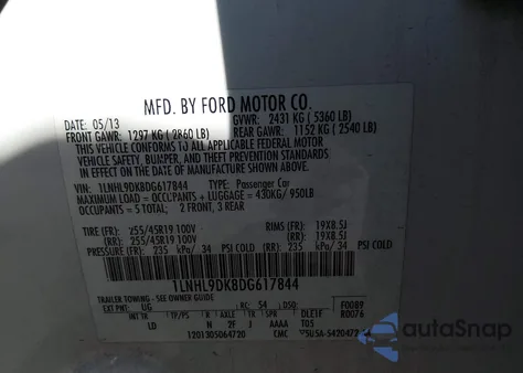 2013 Lincoln Mks из США, поврежденный, VIN 1LNHL9DK8DG617844